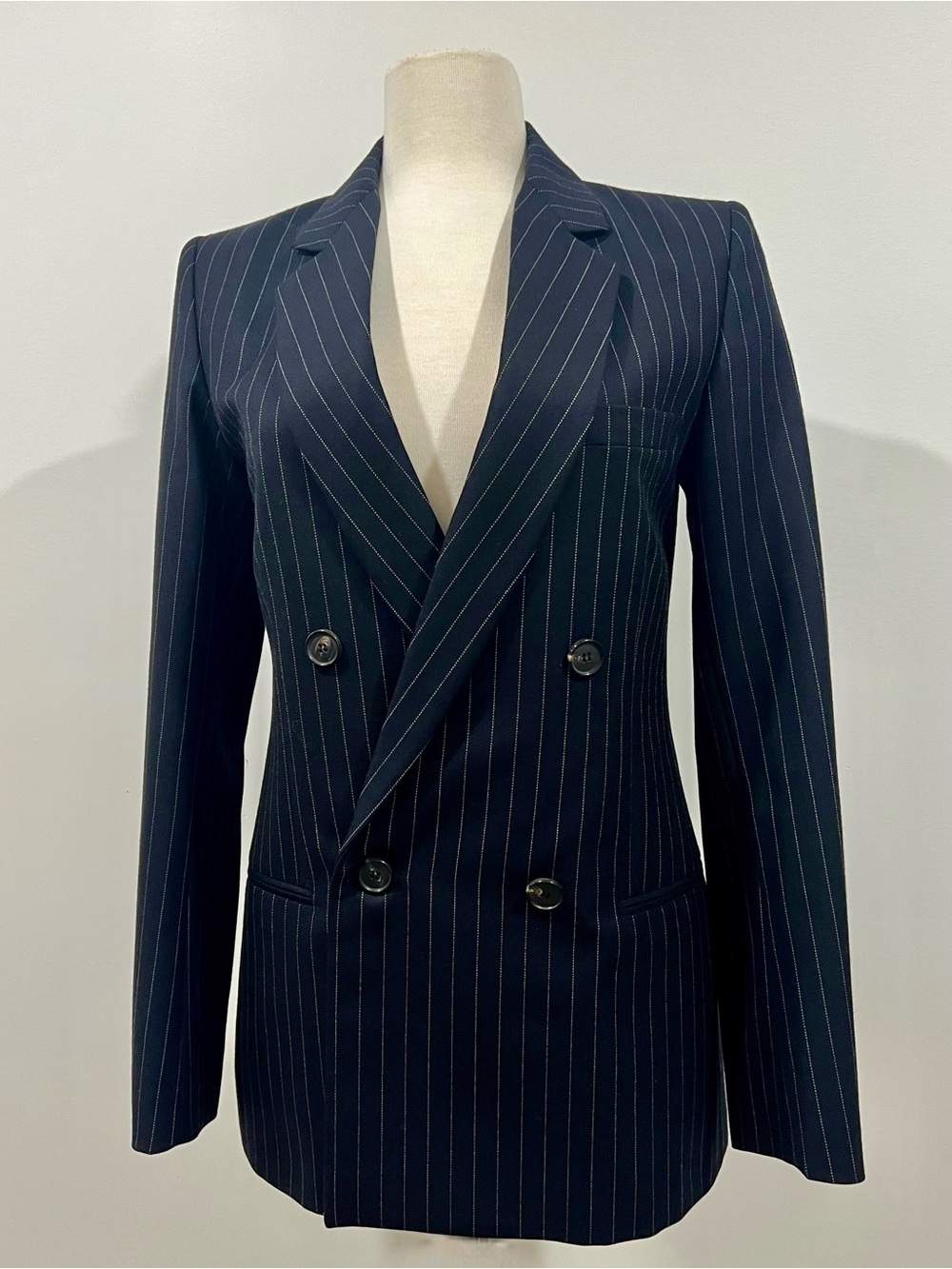 Victoria Beckham Navy Pinstripe Double-Breasted Blazer S